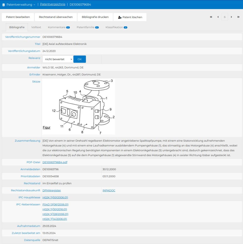 Screenshot einer Schutzrechts-Bibliografie in PIKAS