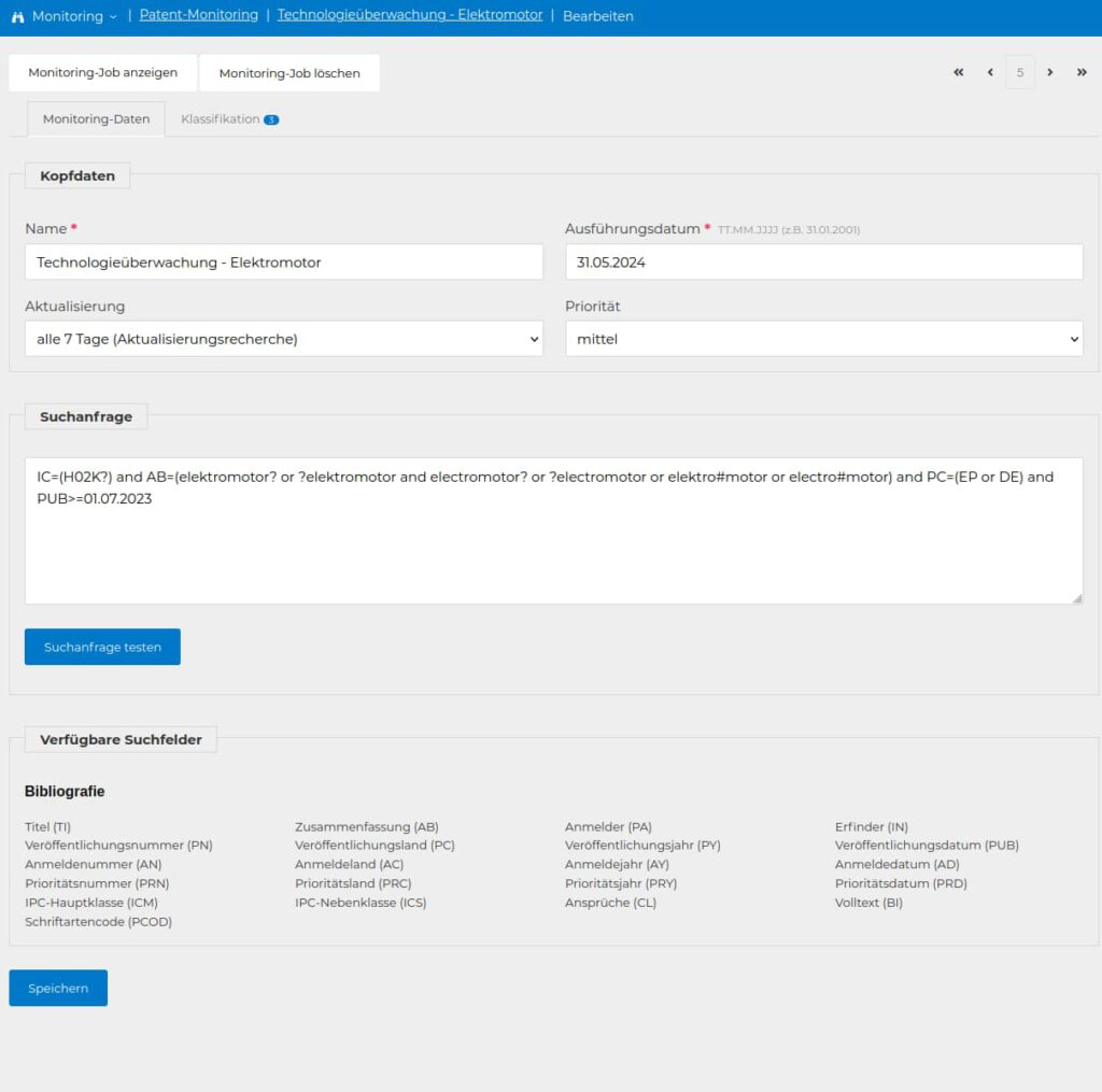 Screenshot des PIKAS Moduls "Patent-Monitoring" 